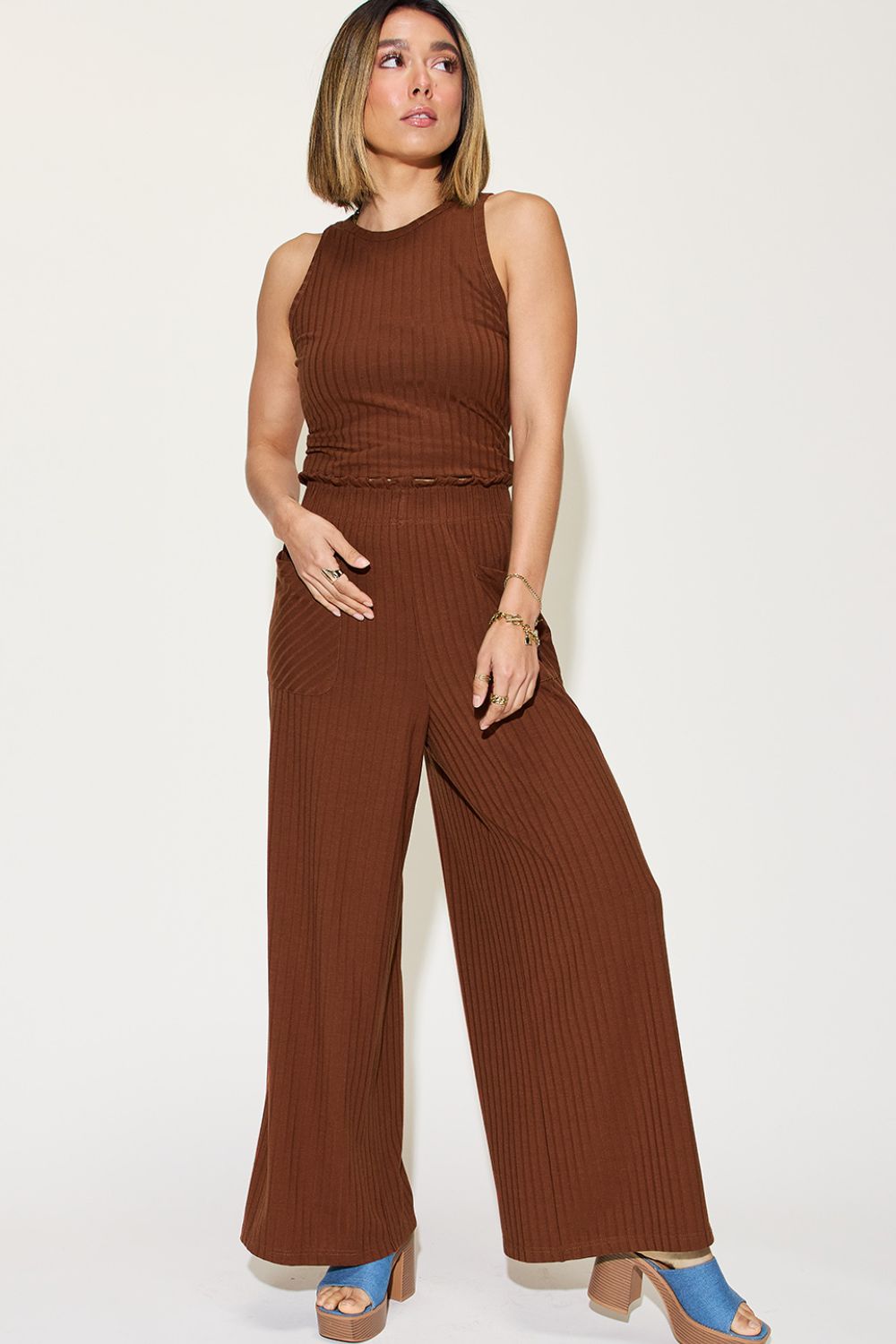 Basic Bae Full Size Ribbed Tank and Wide Leg Pants Set Basic Bae Full Size Ribbed Tank and Wide Leg Pants Set - TopFashionHQ