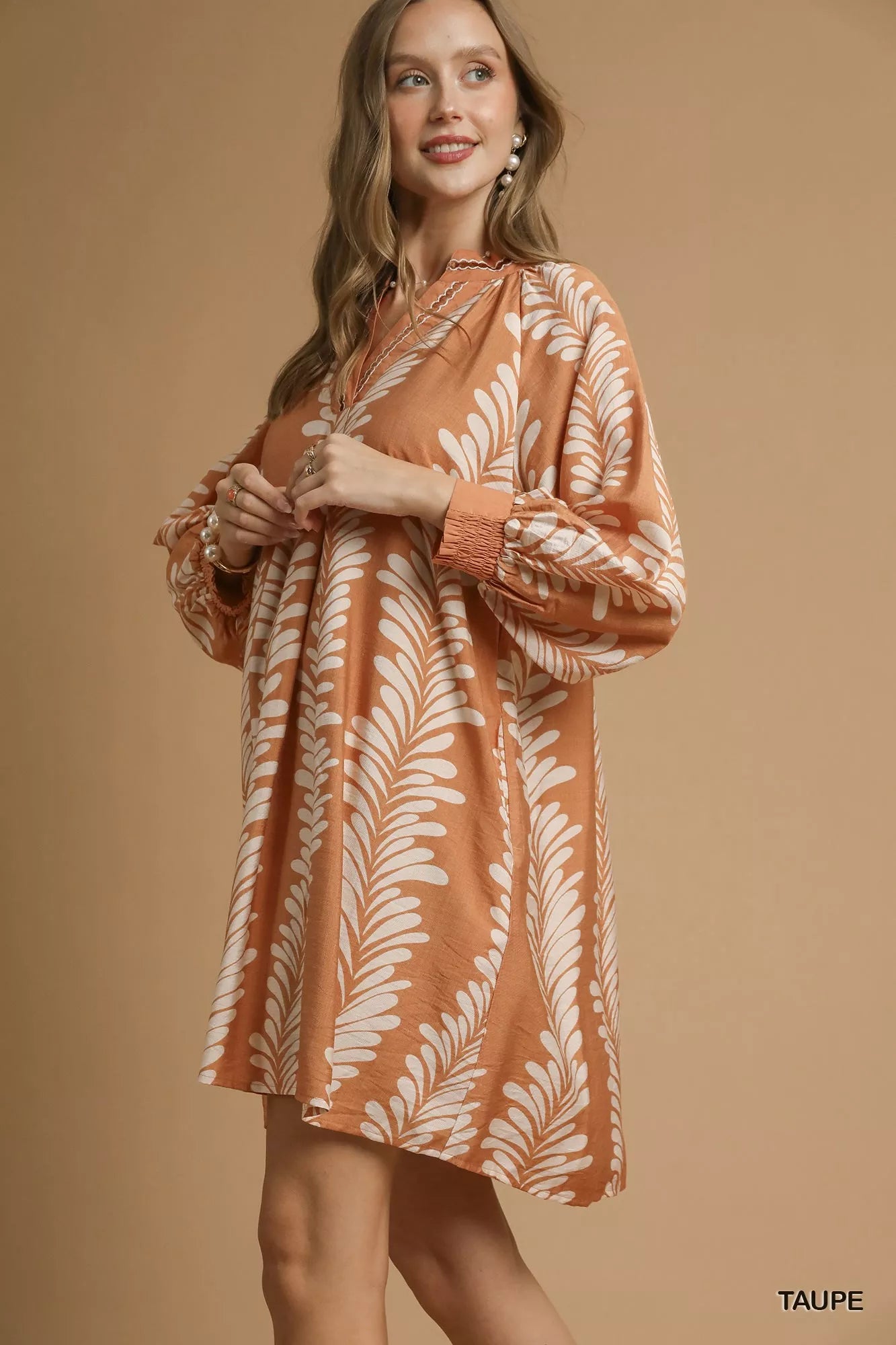 Umgee Leaf Print Notched Mini Babydoll Dress 1a96c991-04c3-422f-ac6c-a3166d1a3143-Max-Origin