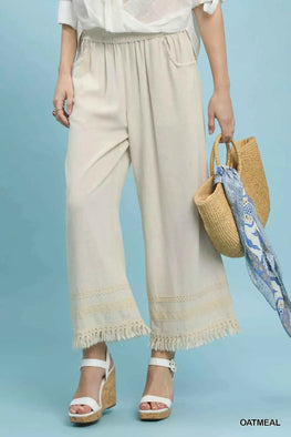 Umgee Lace Trim Fringe Hem Wide Leg Pants