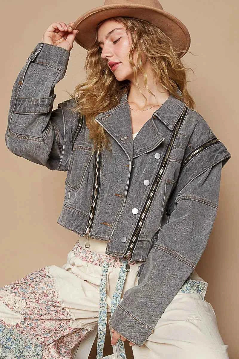 POL Cropped Denim Jacket with Functional Zipper Detail POL Cropped Denim Jacket with Functional Zipper Detail