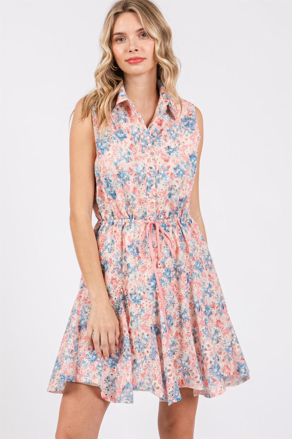 GeeGee Full Size Floral Eyelet Sleeveless Mini Dress GeeGee Full Size Floral Eyelet Sleeveless Mini Dress - TopFashionHQ