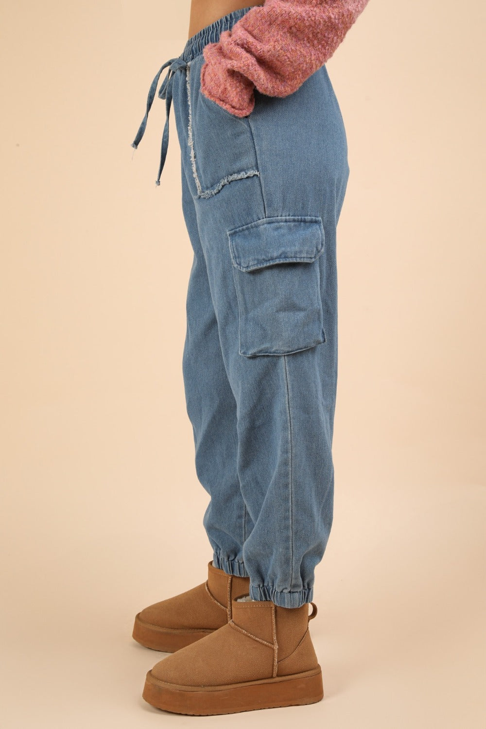 VERY J Washed Drawstring Jogger Cargo Jeans VERY J Washed Drawstring Jogger Cargo Jeans - TopFashionHQ