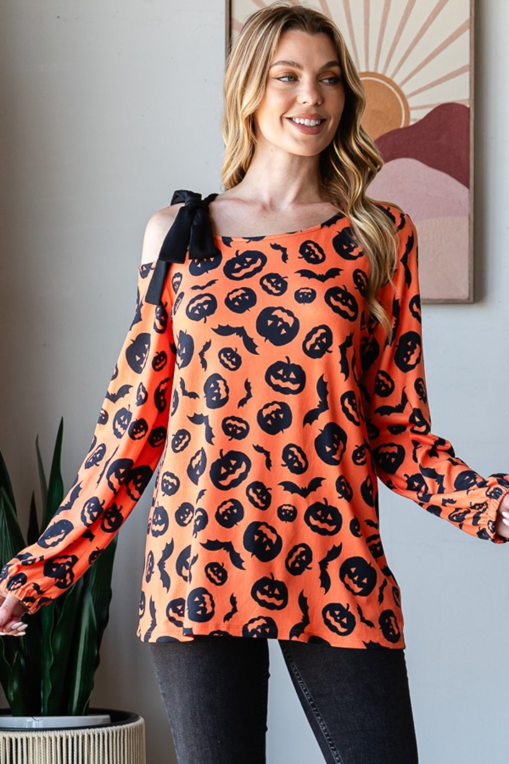 Heimish Pumpkin Print One Shoulder T-Shirt Heimish Pumpkin Print One Shoulder T-Shirt - TopFashionHQ