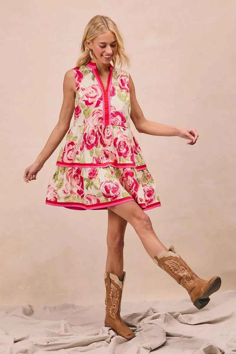 BiBi Floral Woven Contrast Edge Tiered Ruffle Mini Dress BiBi Floral Woven Contrast Edge Tiered Ruffle Mini Dress