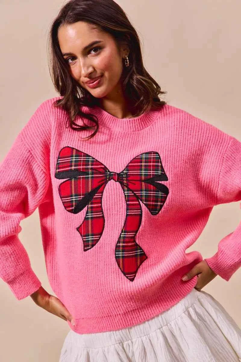 SO ME Checker Plaid Ribbon Christmas Holiday Sweater SO ME Checker Plaid Ribbon Christmas Holiday Sweater