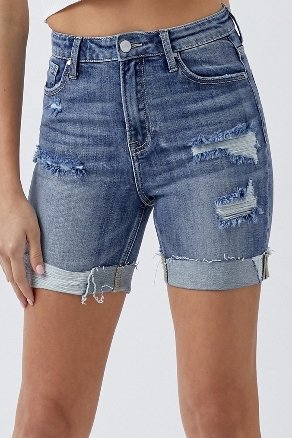 RISEN Full Size Distressed Rolled Denim Shorts with Pockets RISEN Full Size Distressed Rolled Denim Shorts with Pockets
