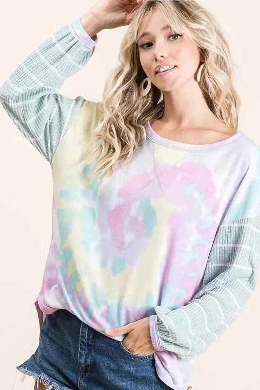 BiBi Tie Dye Terry Top with Wide Stripe Thermal Waffle BiBi Tie Dye Terry Top with Wide Stripe Thermal Waffle