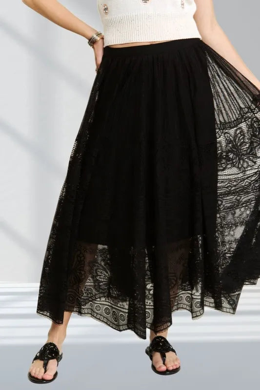 ADORA Elastic Waist Raw Hem Lace Maxi Skirt 1b623459a74e48aba972d6010e770b3d-Max-Origin