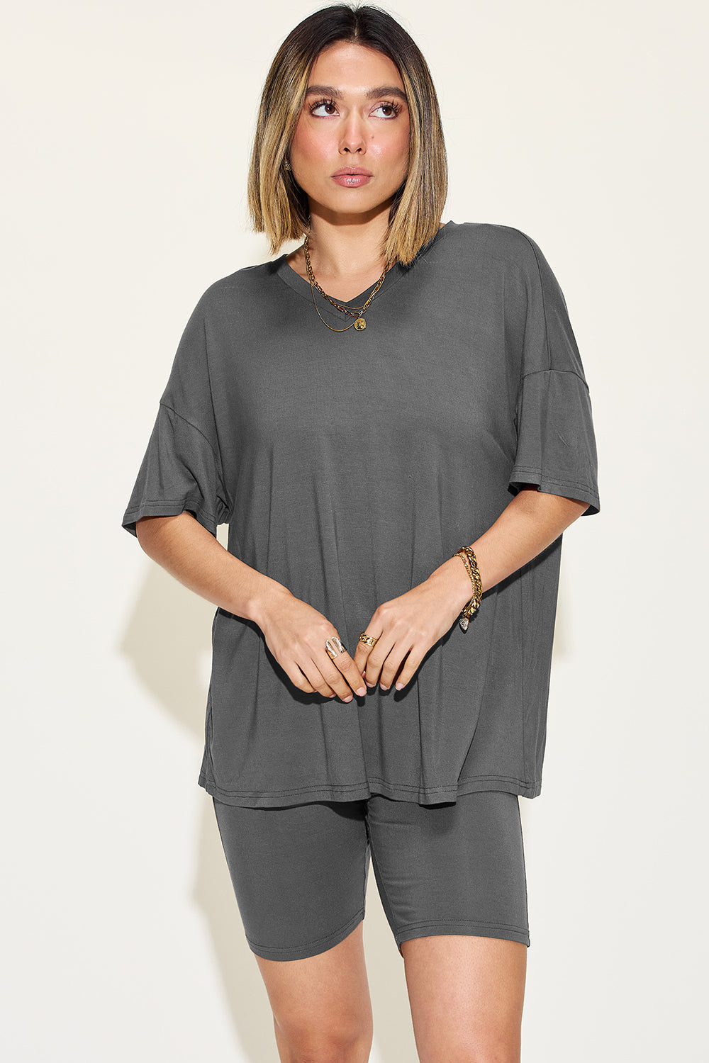Basic Bae Full Size V-Neck Drop Shoulder T-Shirt and Shorts Set Basic Bae Full Size V-Neck Drop Shoulder T-Shirt and Shorts Set - TopFashionHQ