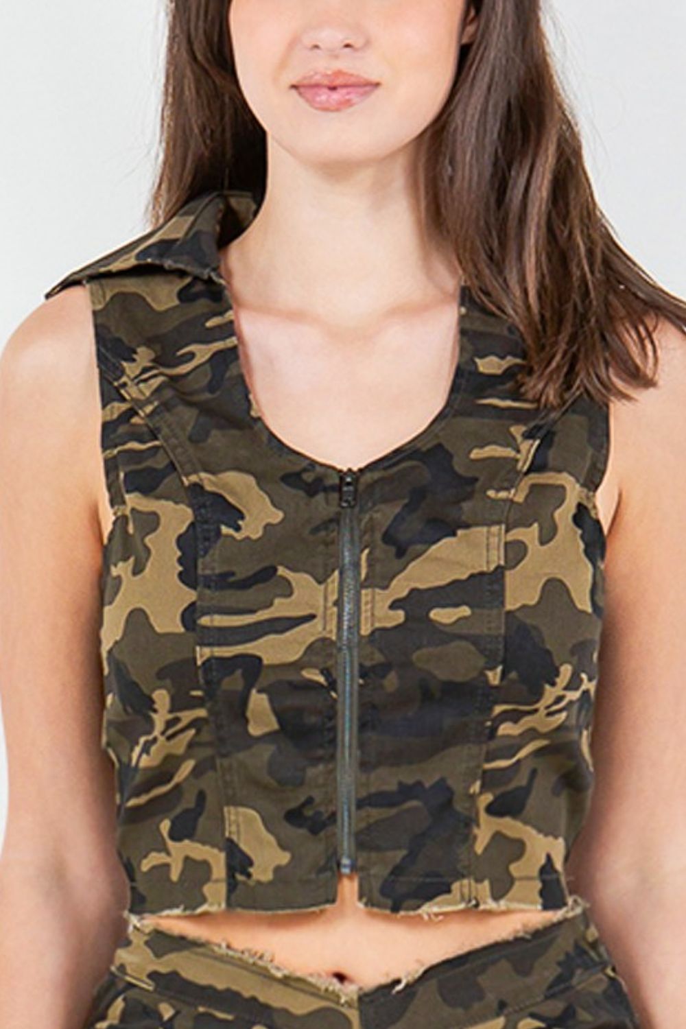 American Bazi Zip Up Camo Crop Denim Vest American Bazi Zip Up Camo Crop Denim Vest