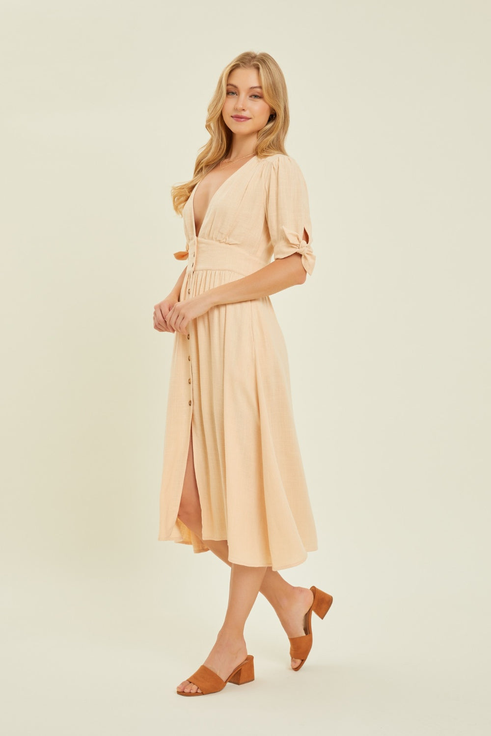 HEYSON Full Size Textured Linen V-Neck Button-Down Midi Dress HEYSON Full Size Textured Linen V-Neck Button-Down Midi Dress - TopFashionHQ