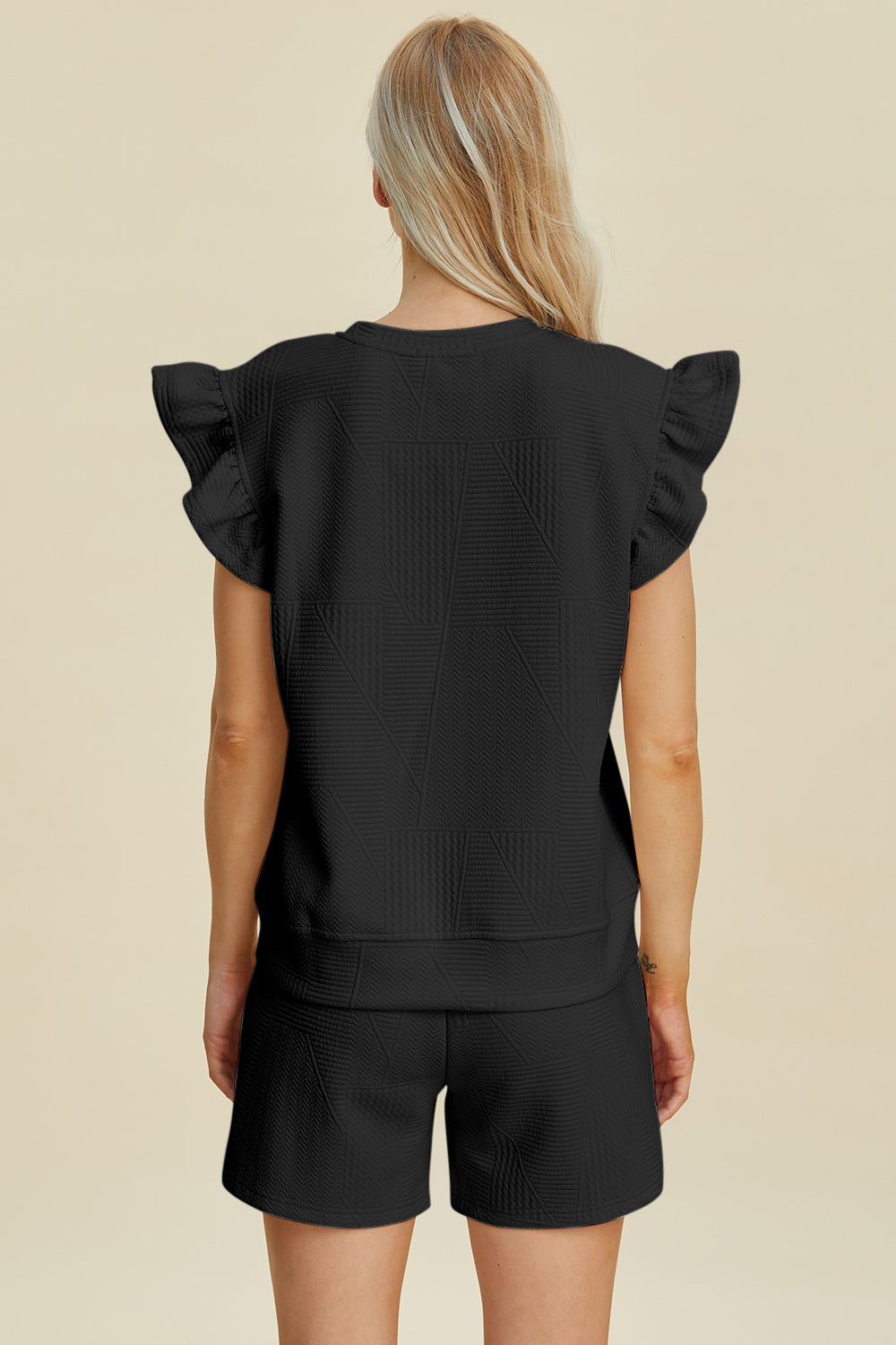 Double Take Full Size Texture Round Neck Ruffle Sleeve Top and Shorts Set Double Take Full Size Texture Round Neck Ruffle Sleeve Top and Shorts Set