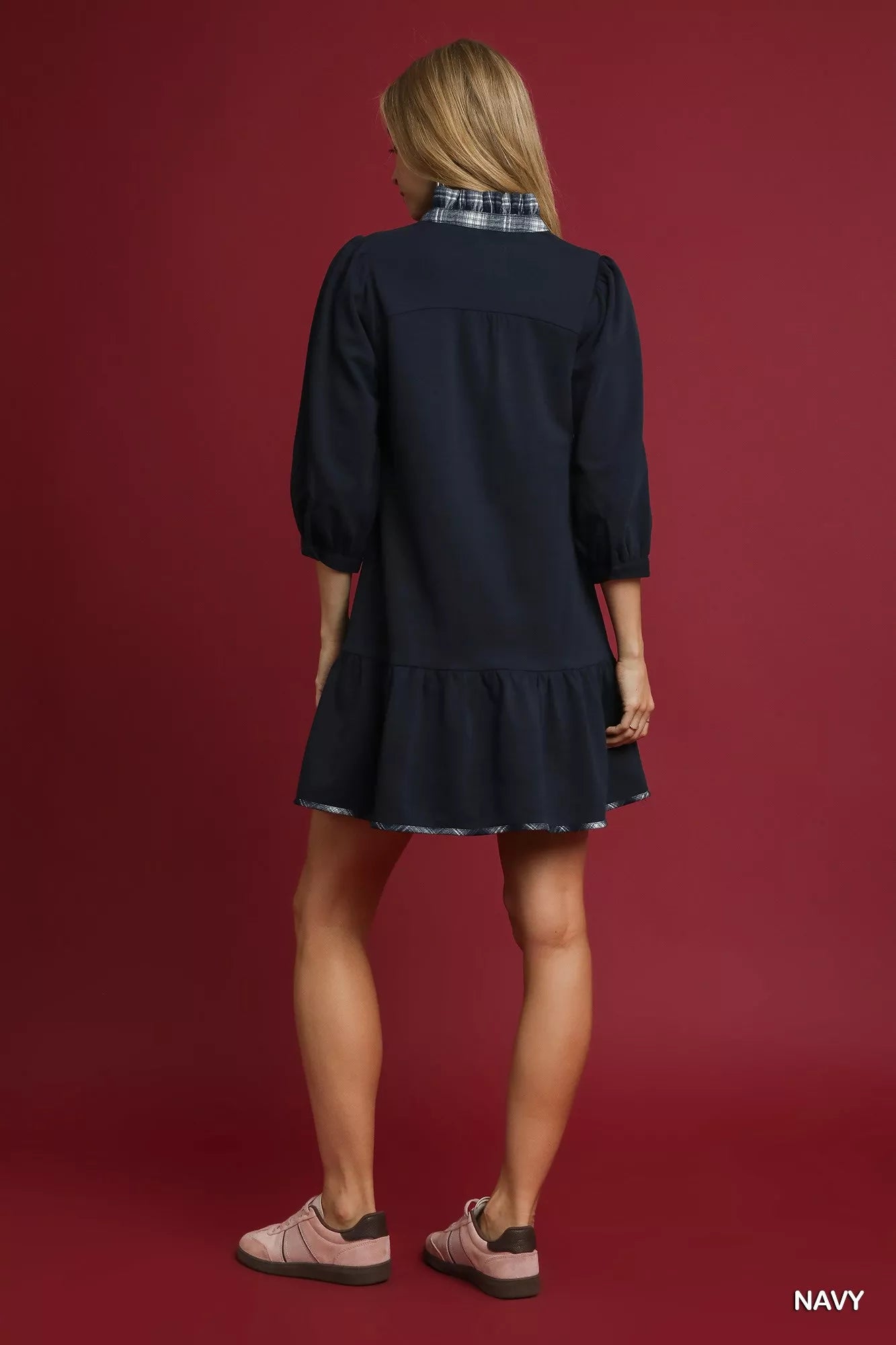 Umgee French Terry Ruffle Hem Dress with Plaid Trim 1bcee123-4483-4a24-a788-1e717e0750fa-Max-Origin