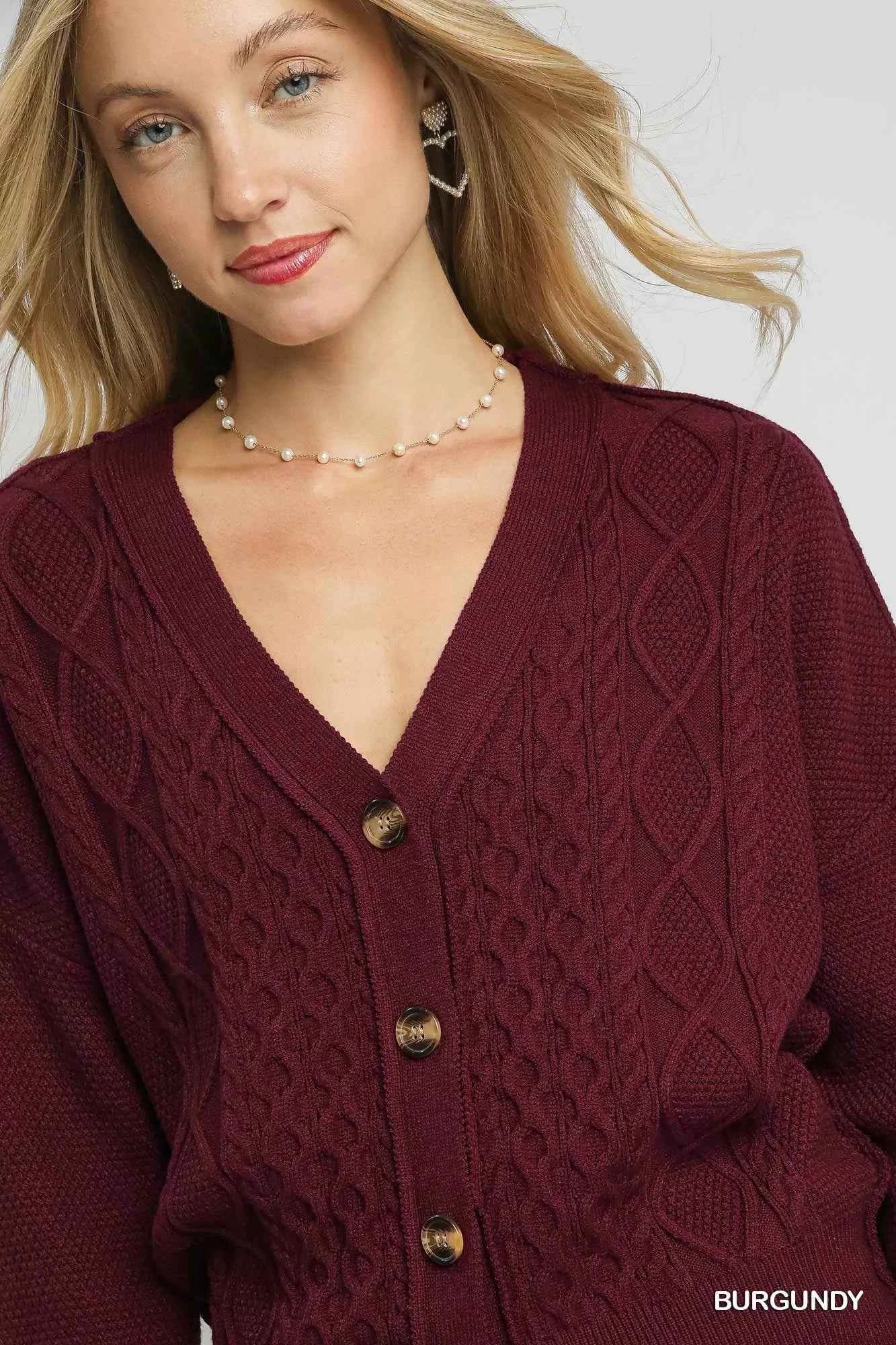 Umgee Chunky Cable Knit V-Neck Button-Up Cardigan Umgee Chunky Cable Knit V-Neck Button-Up Cardigan