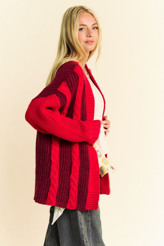 Davi & Dani Cable-Knit Color Block Open Front Cardigan Davi & Dani Cable-Knit Color Block Open Front Cardigan - TopFashionHQ