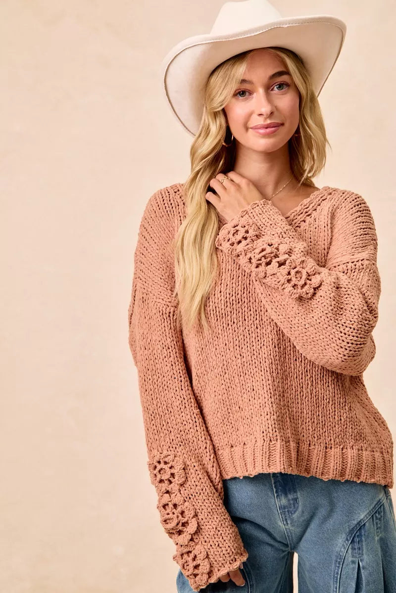 BiBi Chunky Knit Sweater with Flower Detail Sleeves 1c238f136f1042fdbe763c437aa000db-Max-Origin