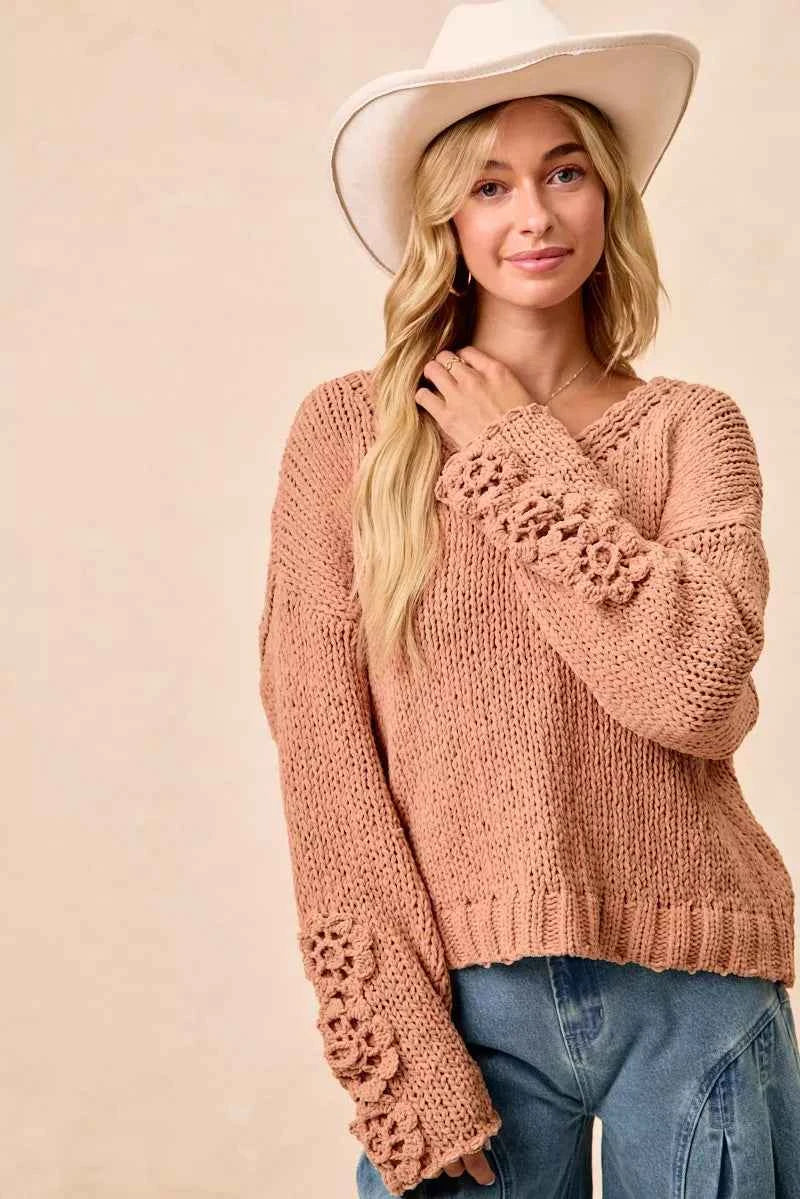 BiBi Chunky Knit Sweater with Flower Detail Sleeves BiBi Chunky Knit Sweater with Flower Detail Sleeves