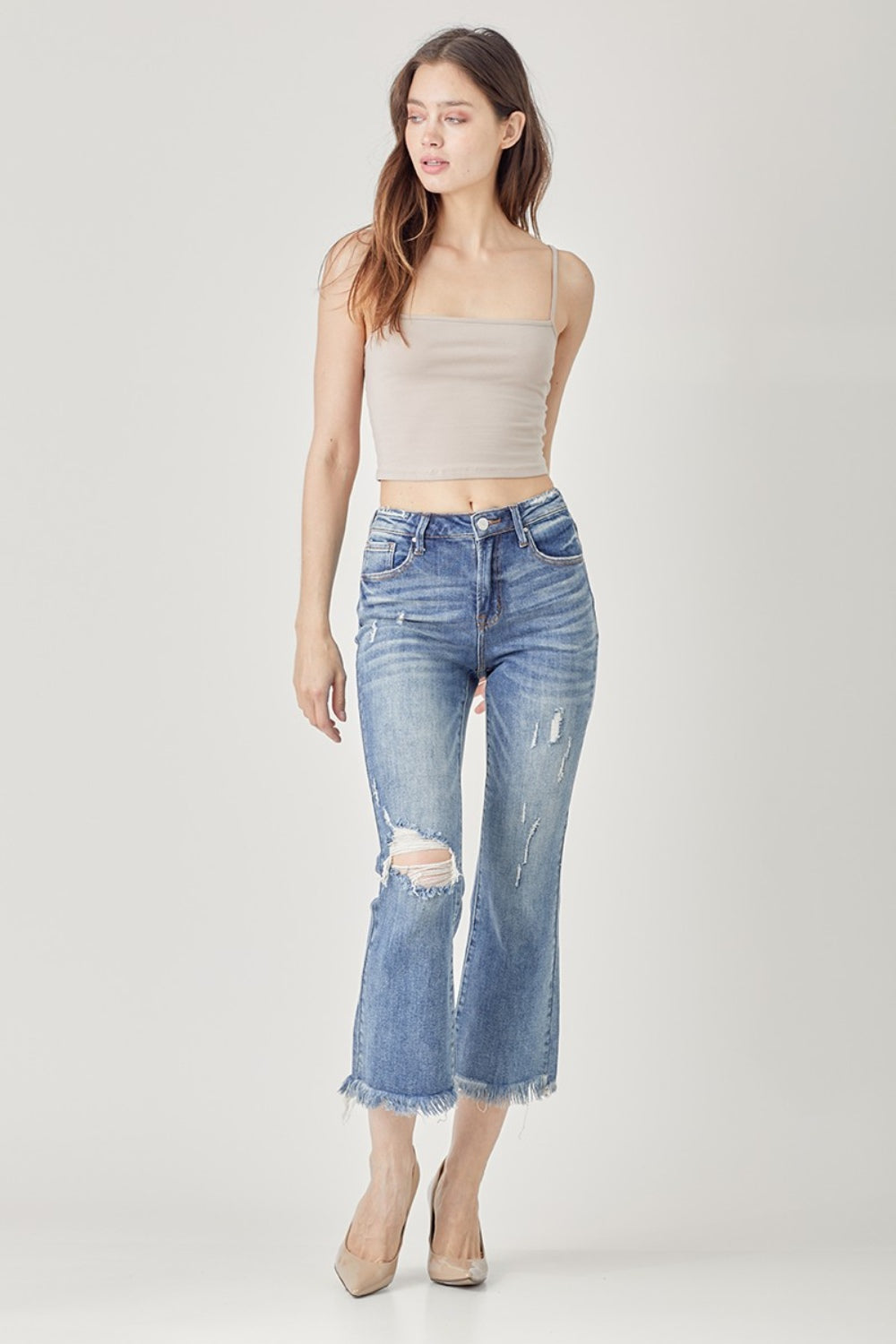 RISEN High Waist Distressed Cropped Bootcut Jeans RISEN High Waist Distressed Cropped Bootcut Jeans - TopFashionHQ
