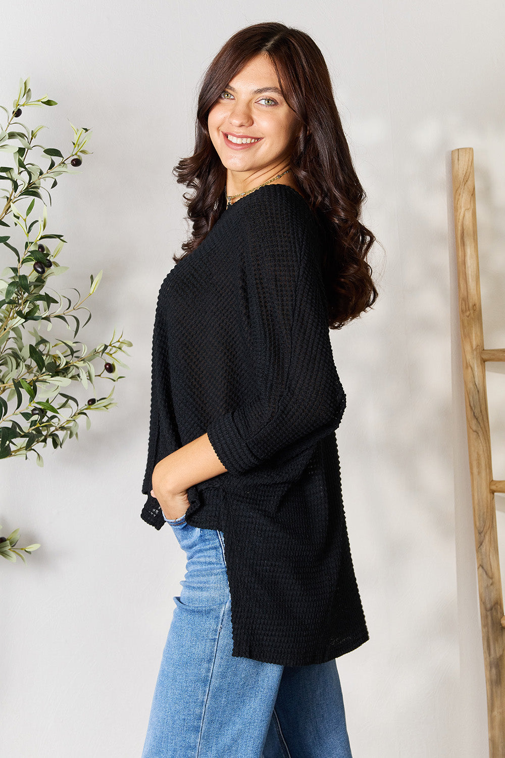 Zenana Full Size Round Neck High-Low Slit Knit Top Zenana Full Size Round Neck High-Low Slit Knit Top - TopFashionHQ