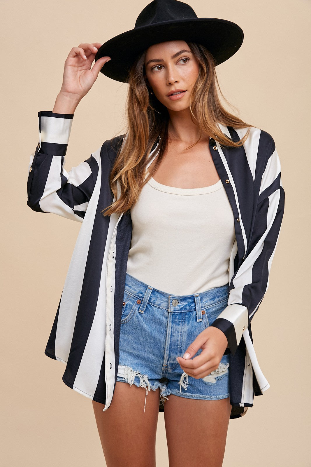 Annie Wear Striped Dropped Shoulder Button Up Shirt Annie Wear Striped Dropped Shoulder Button Up Shirt