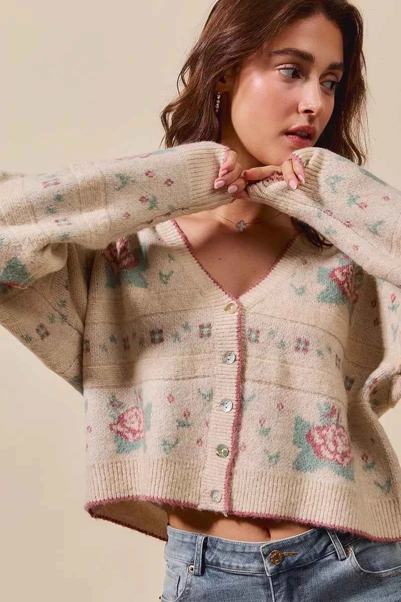 SO ME Floral Pattern Long Sleeve Button Sweater Cardigan SO ME Floral Pattern Long Sleeve Button Sweater Cardigan