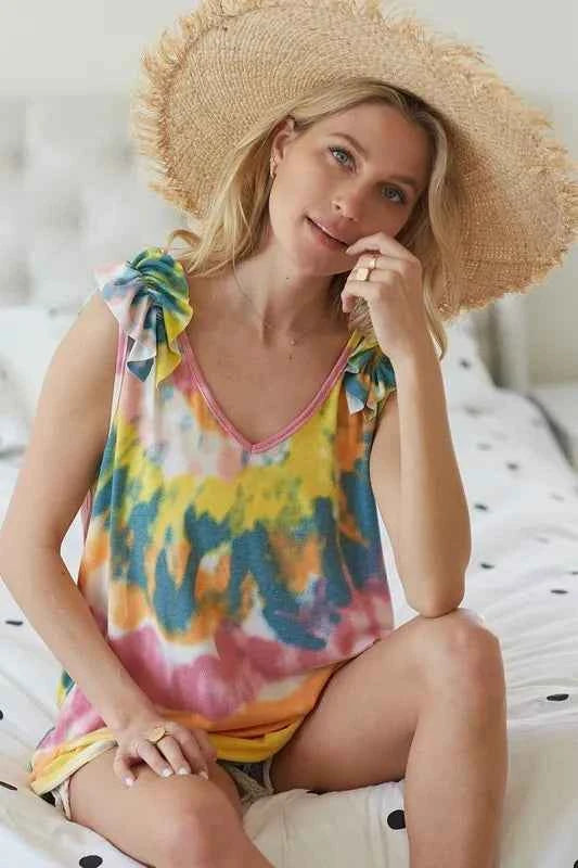BiBi Circular Tie Dye Knit V Neck Top With Ruffle BiBi Circular Tie Dye Knit V Neck Top With Ruffle