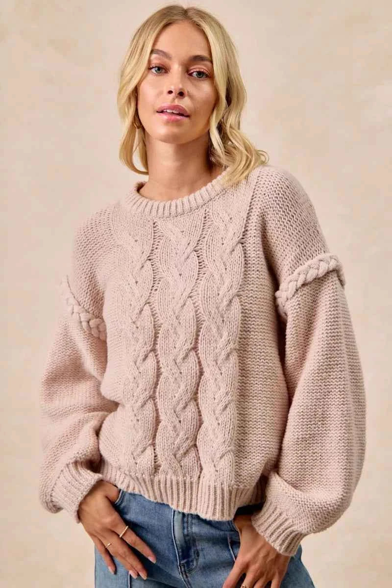 BiBi Cable Knit Sweater with Shoulder Braid Detail BiBi Cable Knit Sweater with Shoulder Braid Detail