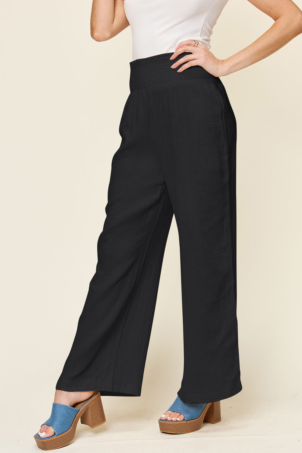 Double Take Full Size Texture Smocked Waist Wide Leg Pants Double Take Full Size Texture Smocked Waist Wide Leg Pants