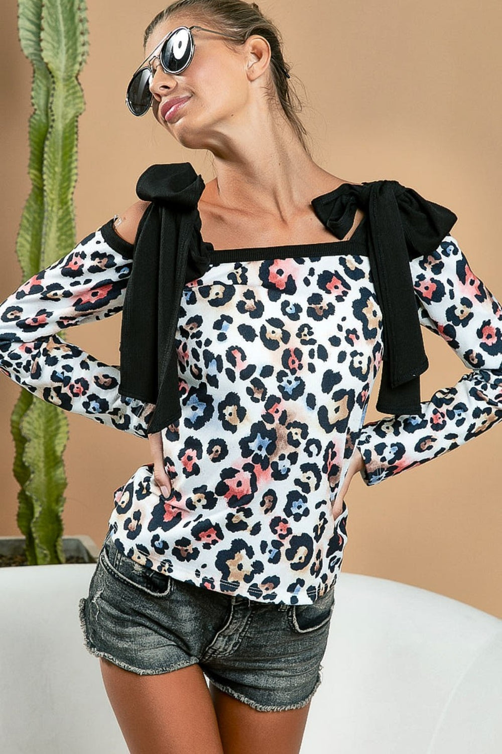 BiBi Leopard Shoulder Tie Long Sleeve Top BiBi Leopard Shoulder Tie Long Sleeve Top - TopFashionHQ