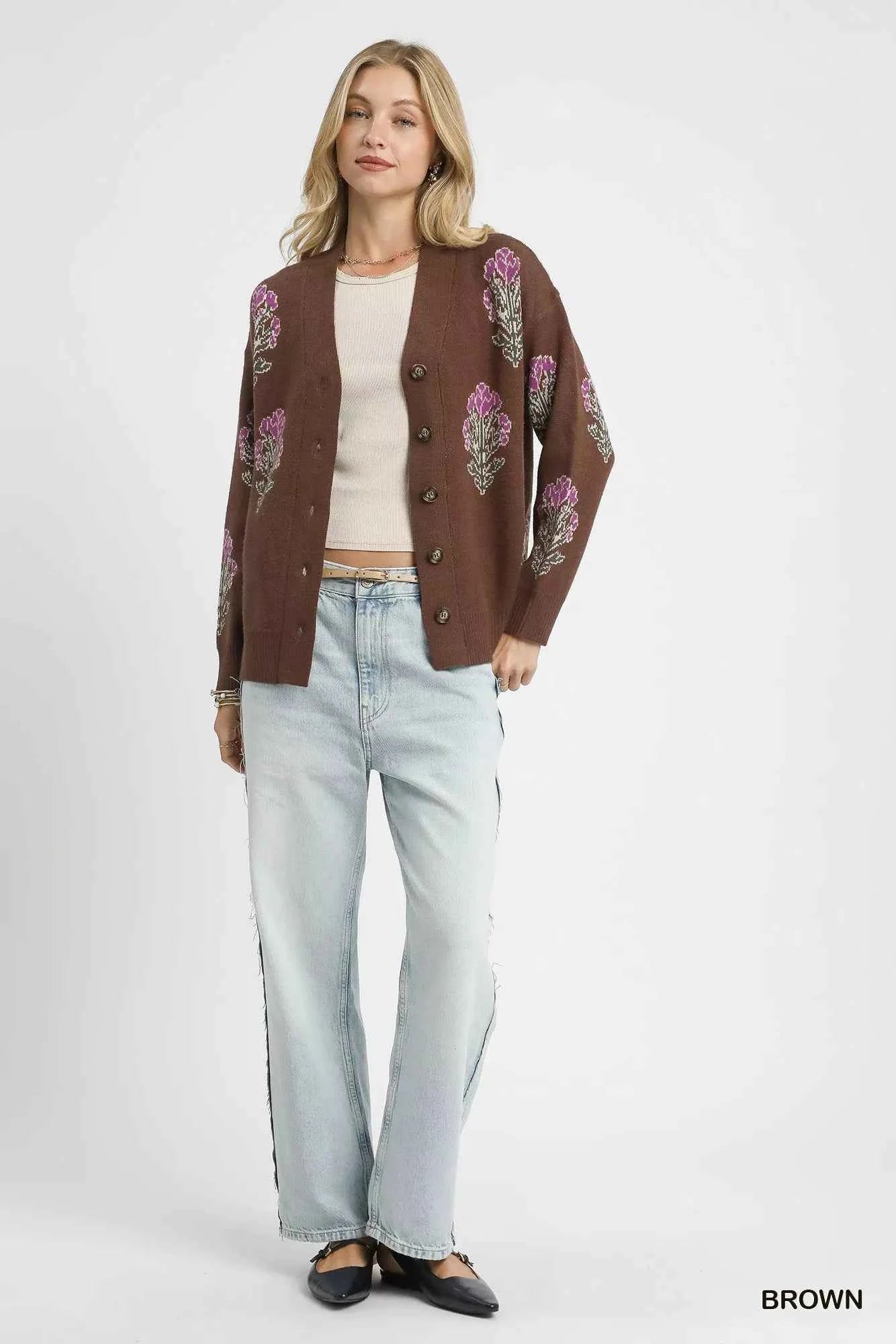 Umgee Single Flower Stem Jacquard Cardigan Sweater Umgee Single Flower Stem Jacquard Cardigan Sweater
