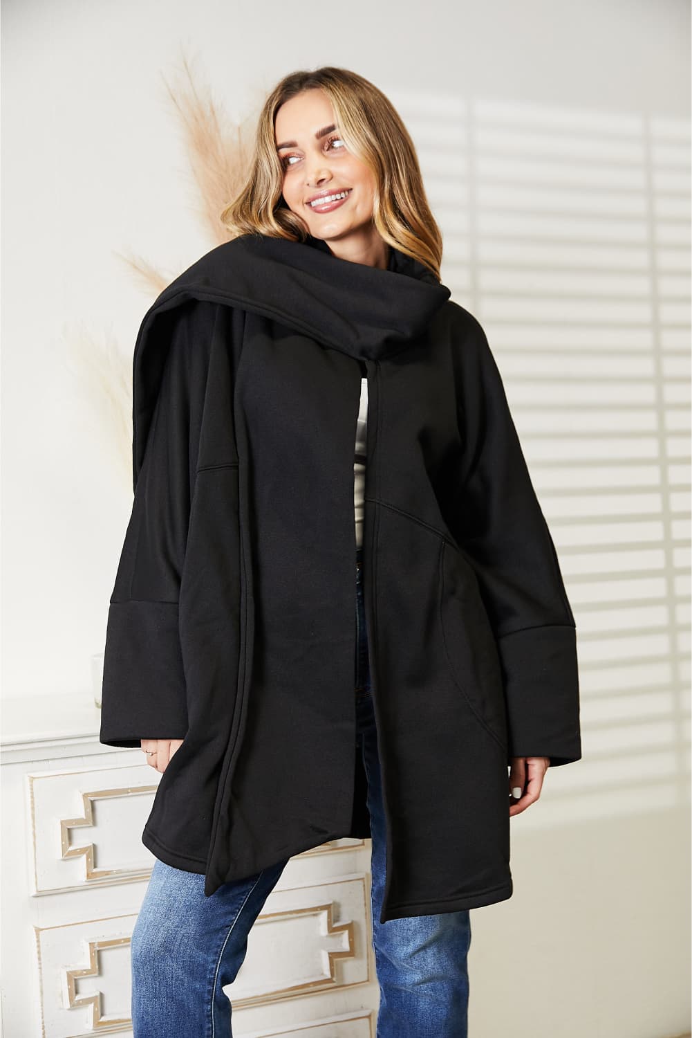 HEYSON Full Size Open Front Cardigan with Scarf Design HEYSON Full Size Open Front Cardigan with Scarf Design - TopFashionHQ