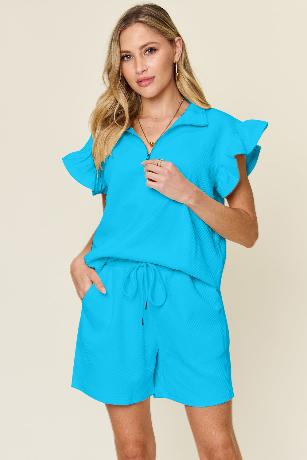 Double Take Full Size Texture Flounce Sleeve Top and Drawstring Shorts Set Double Take Full Size Texture Flounce Sleeve Top and Drawstring Shorts Set