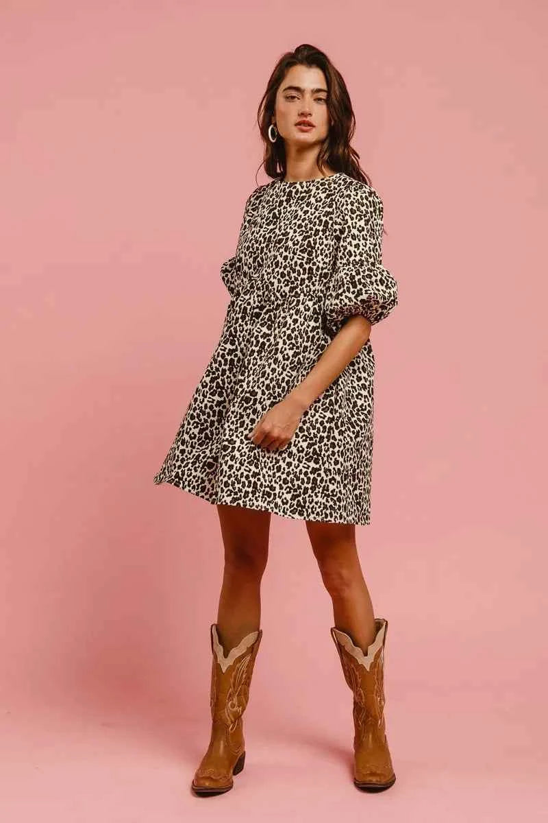 BiBi Leopard Denim Dress With Back Contrast Tie Detail BiBi Leopard Denim Dress With Back Contrast Tie Detail