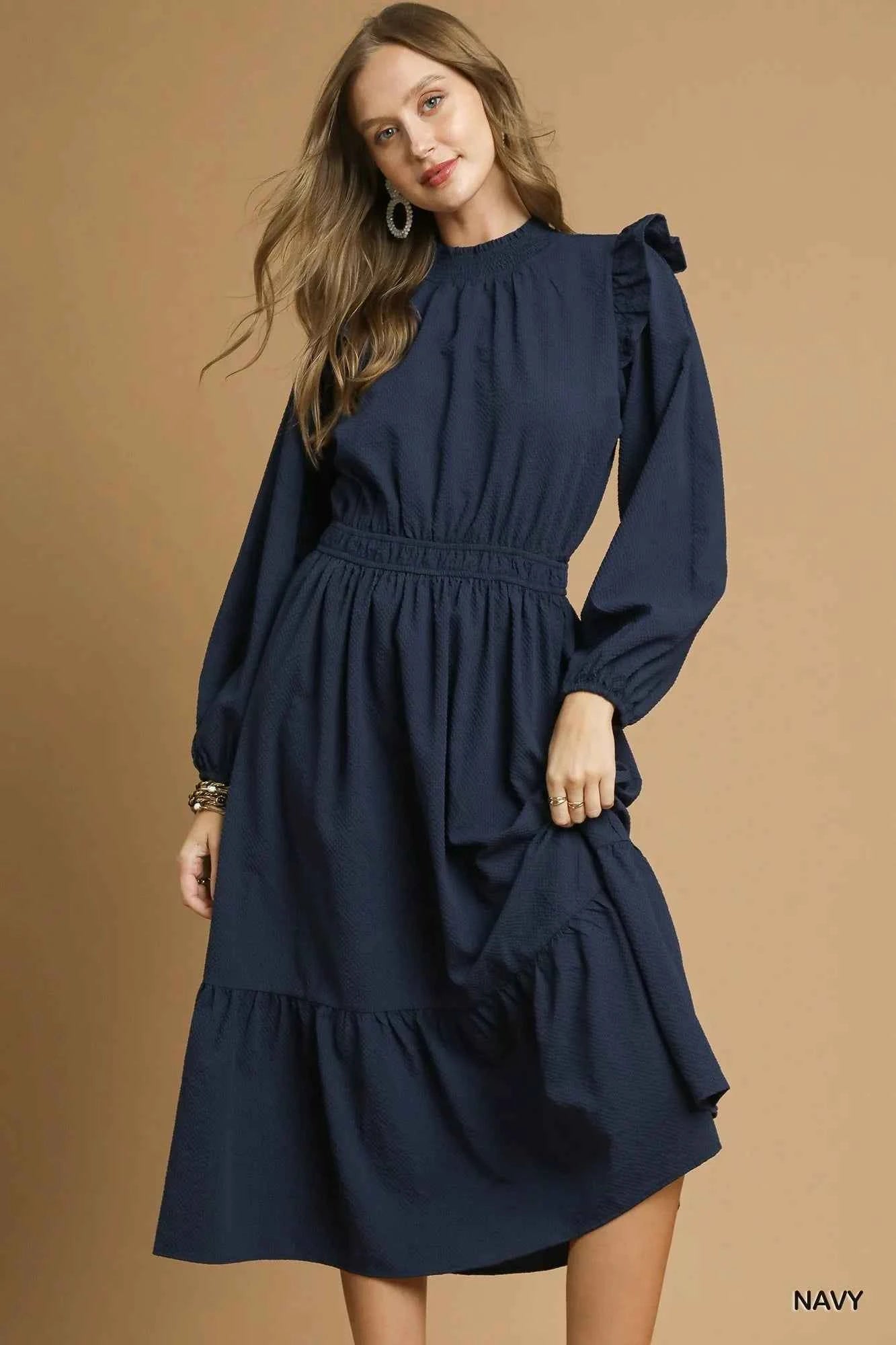 Umgee Textured Midi Dress with Ruffle Shoulder Detail Umgee Textured Midi Dress with Ruffle Shoulder Detail