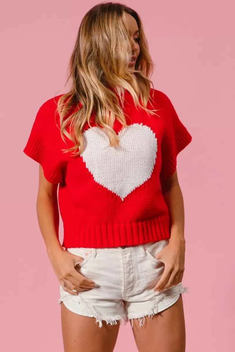BiBi Rib Banded Heart Pattern Valentines Sweater BiBi Rib Banded Heart Pattern Valentines Sweater