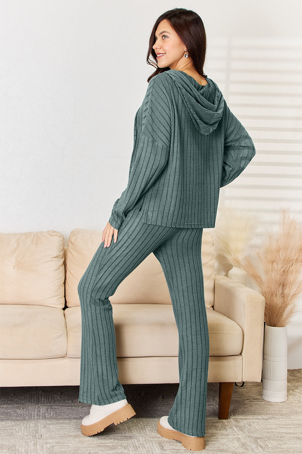 Basic Bae Full Size Ribbed Drawstring Hooded Top and Straight Pants Set Basic Bae Full Size Ribbed Drawstring Hooded Top and Straight Pants Set - TopFashionHQ