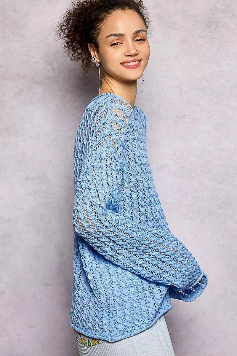 POL Openwork Round Neck Knit Top with Shiny Detail POL Openwork Round Neck Knit Top with Shiny Detail