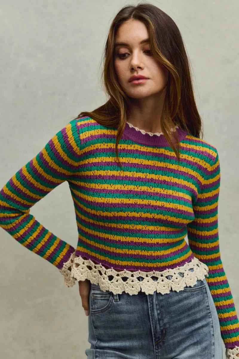 SO ME Mardi Gras Striped Cropped Knit Top with Crochet Edge SO ME Mardi Gras Striped Cropped Knit Top with Crochet Edge