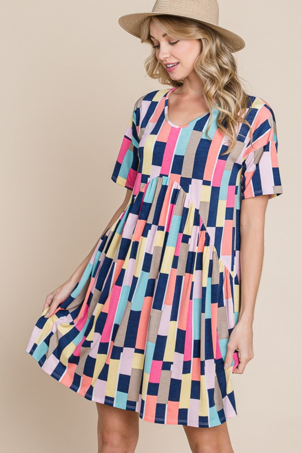 BOMBOM Ruched Color Block Short Sleeve Mini Dress BOMBOM Ruched Color Block Short Sleeve Mini Dress - TopFashionHQ