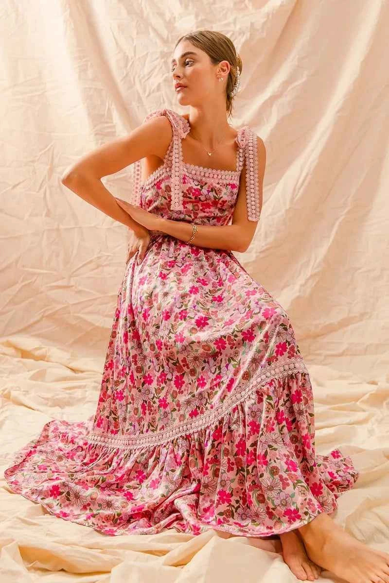 SO ME Floral Maxi Dress With Ribbon Tie Lace Strap SO ME Floral Maxi Dress With Ribbon Tie Lace Strap