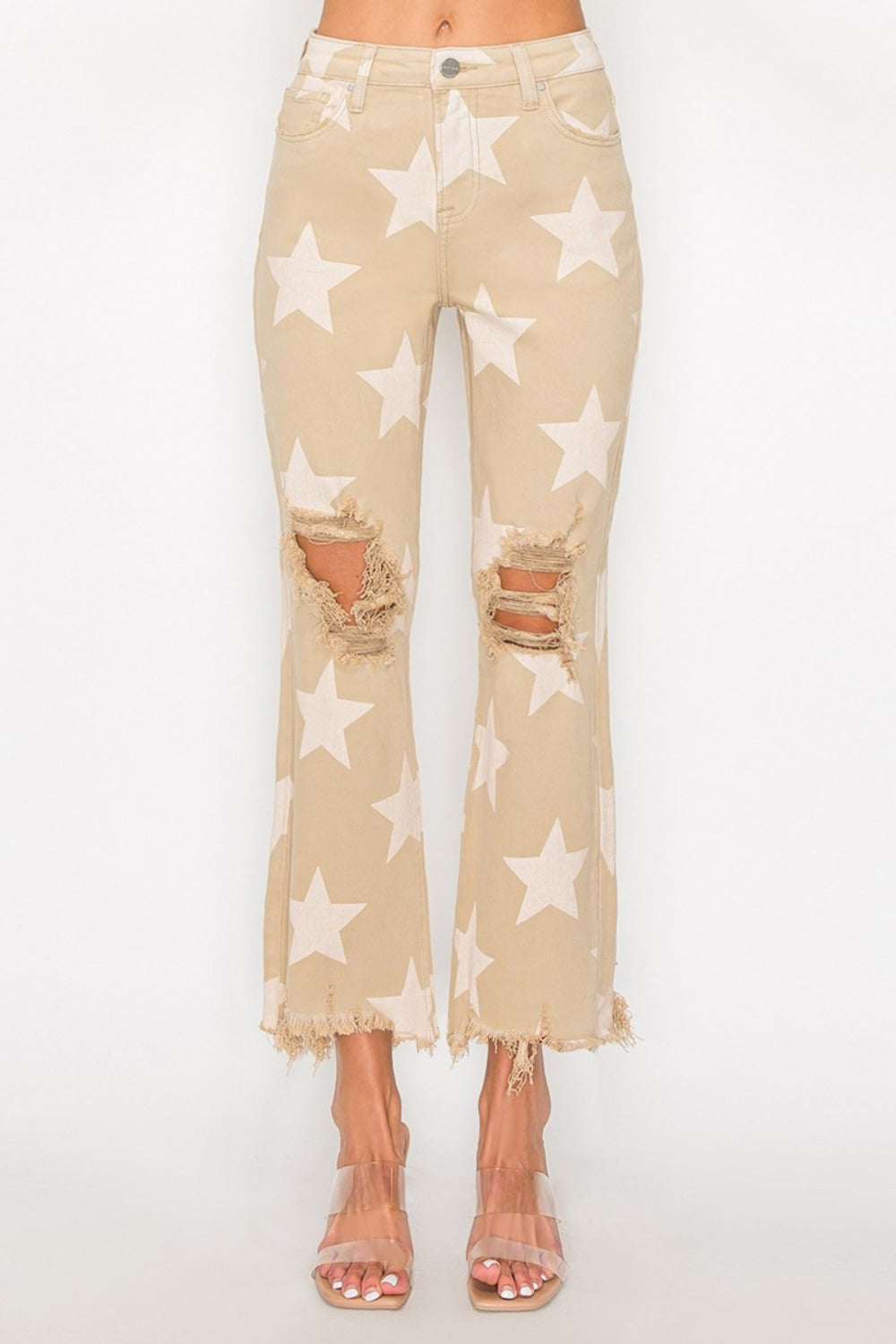 RISEN Full Size High Rise Star Printed Frayed Hem Jeans RISEN Full Size High Rise Star Printed Frayed Hem Jeans - TopFashionHQ