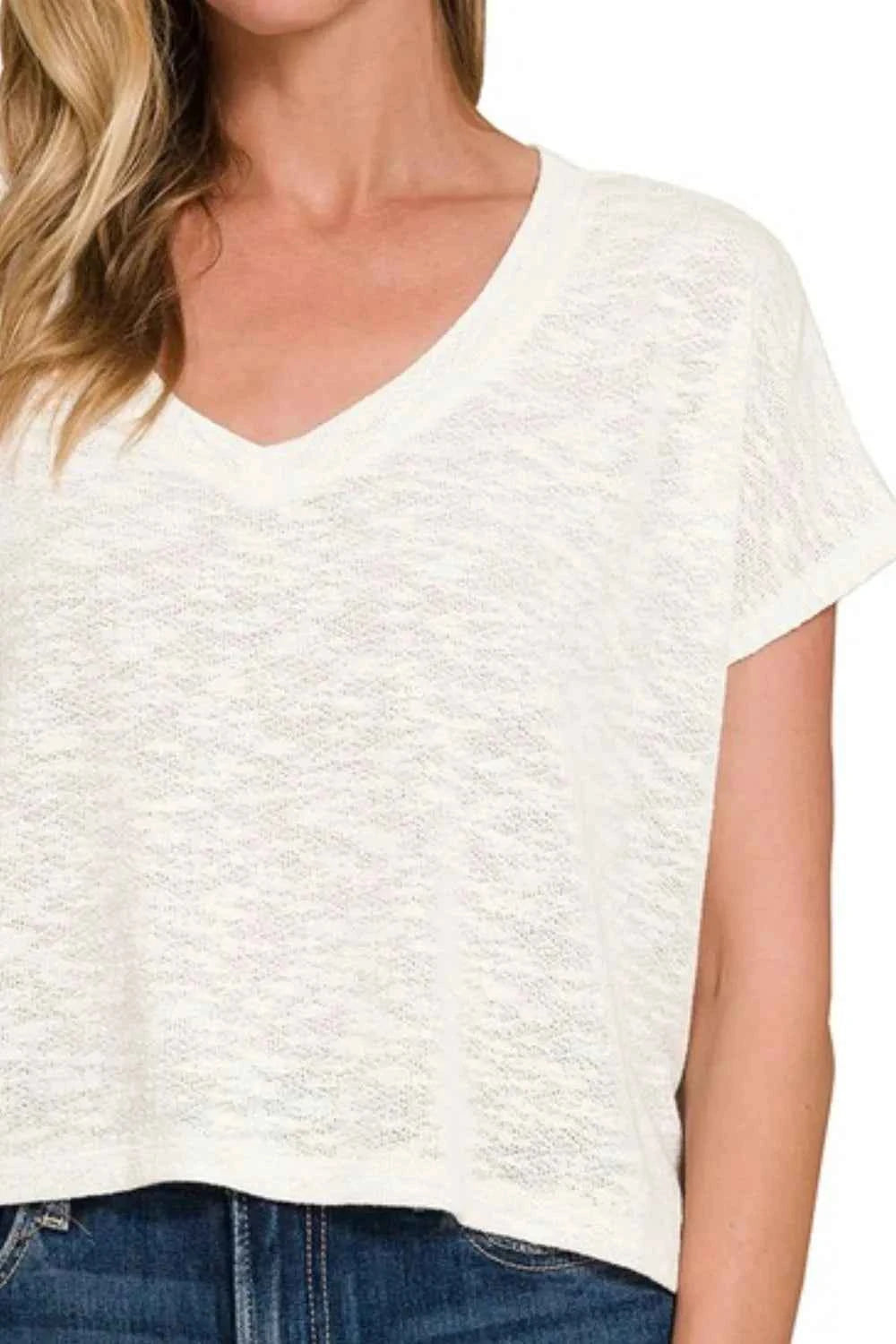 Zenana Hacci Slub V-neck Drop Shoulder Crop Top Zenana Hacci Slub V-neck Drop Shoulder Crop Top