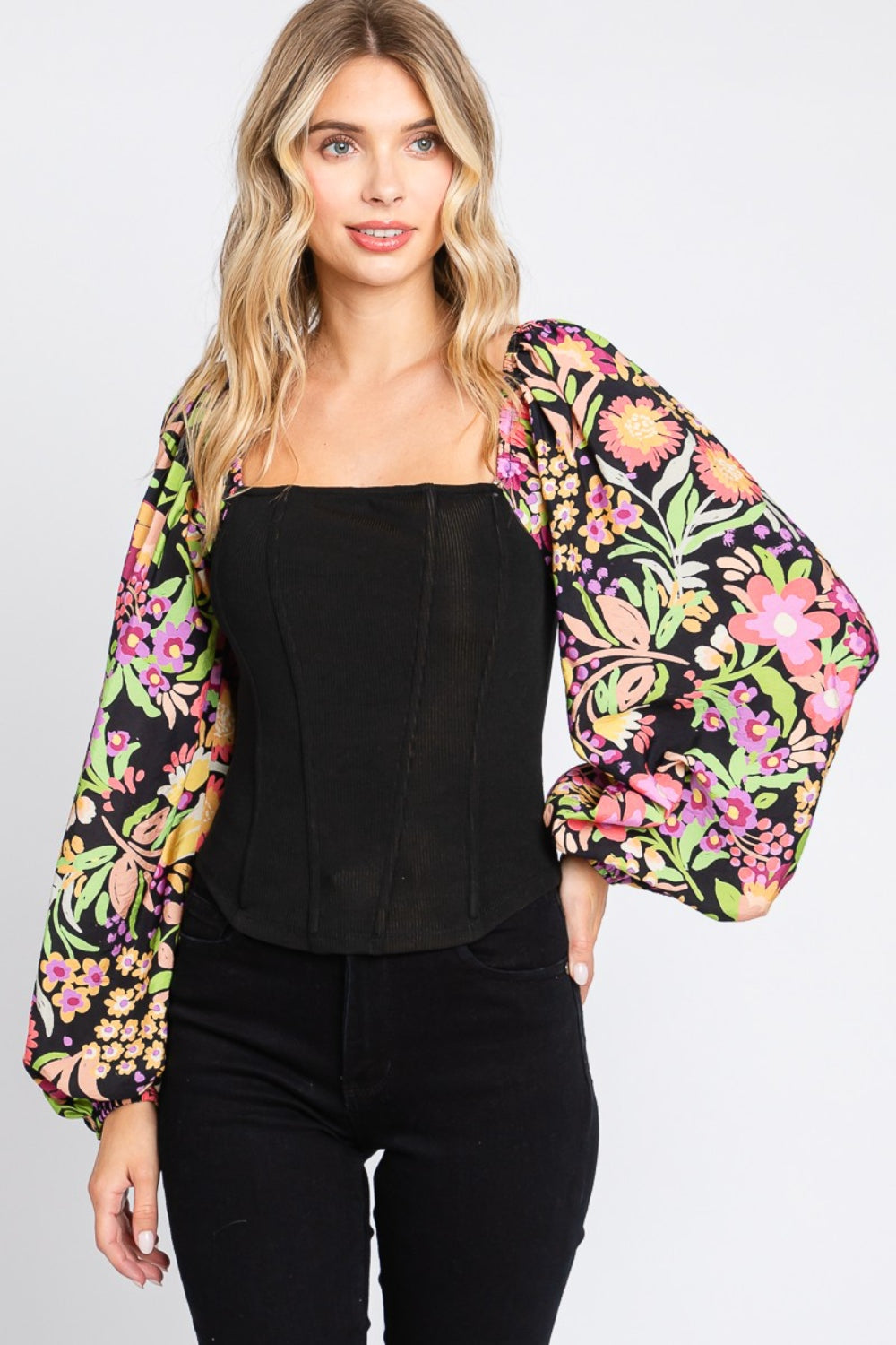 ODDI Full Size Floral Balloon Sleeve Blouse ODDI Full Size Floral Balloon Sleeve Blouse - TopFashionHQ
