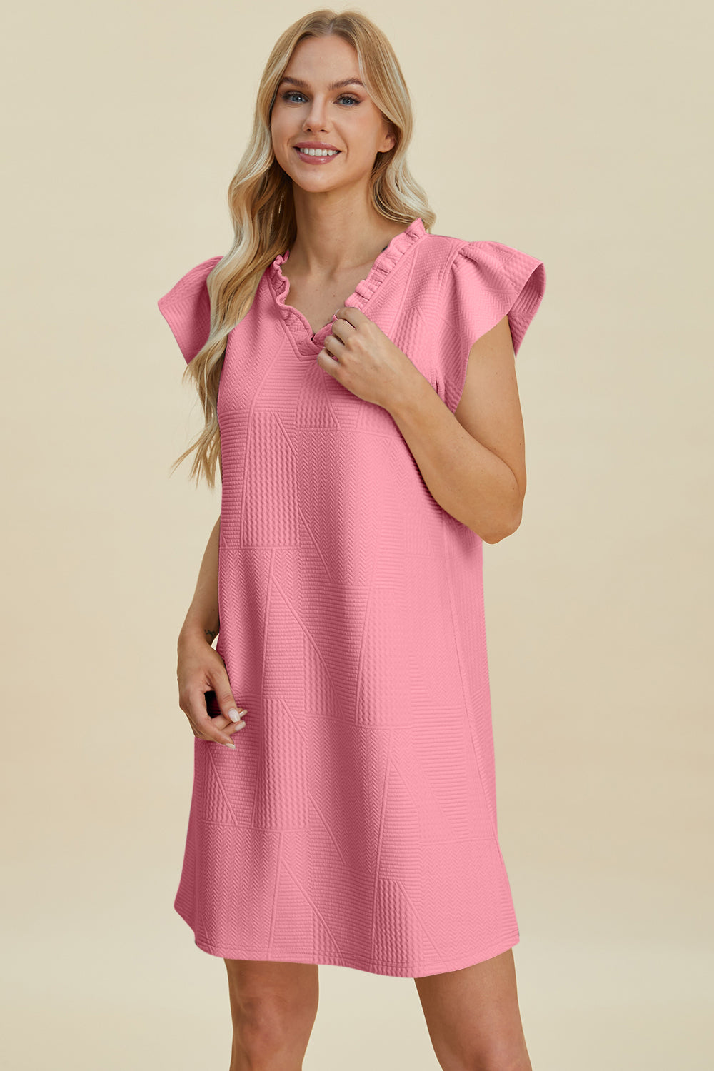Double Take Full Size Ruffled V-Neck Cap Sleeve Dress Double Take Full Size Ruffled V-Neck Cap Sleeve Dress