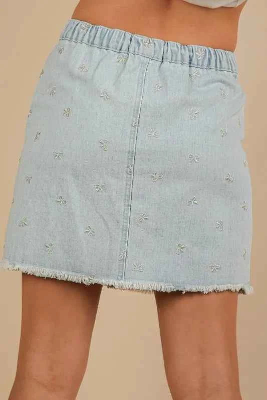 VERY J Bow Printed Casual Denim Mini Skirt VERY J Bow Printed Casual Denim Mini Skirt