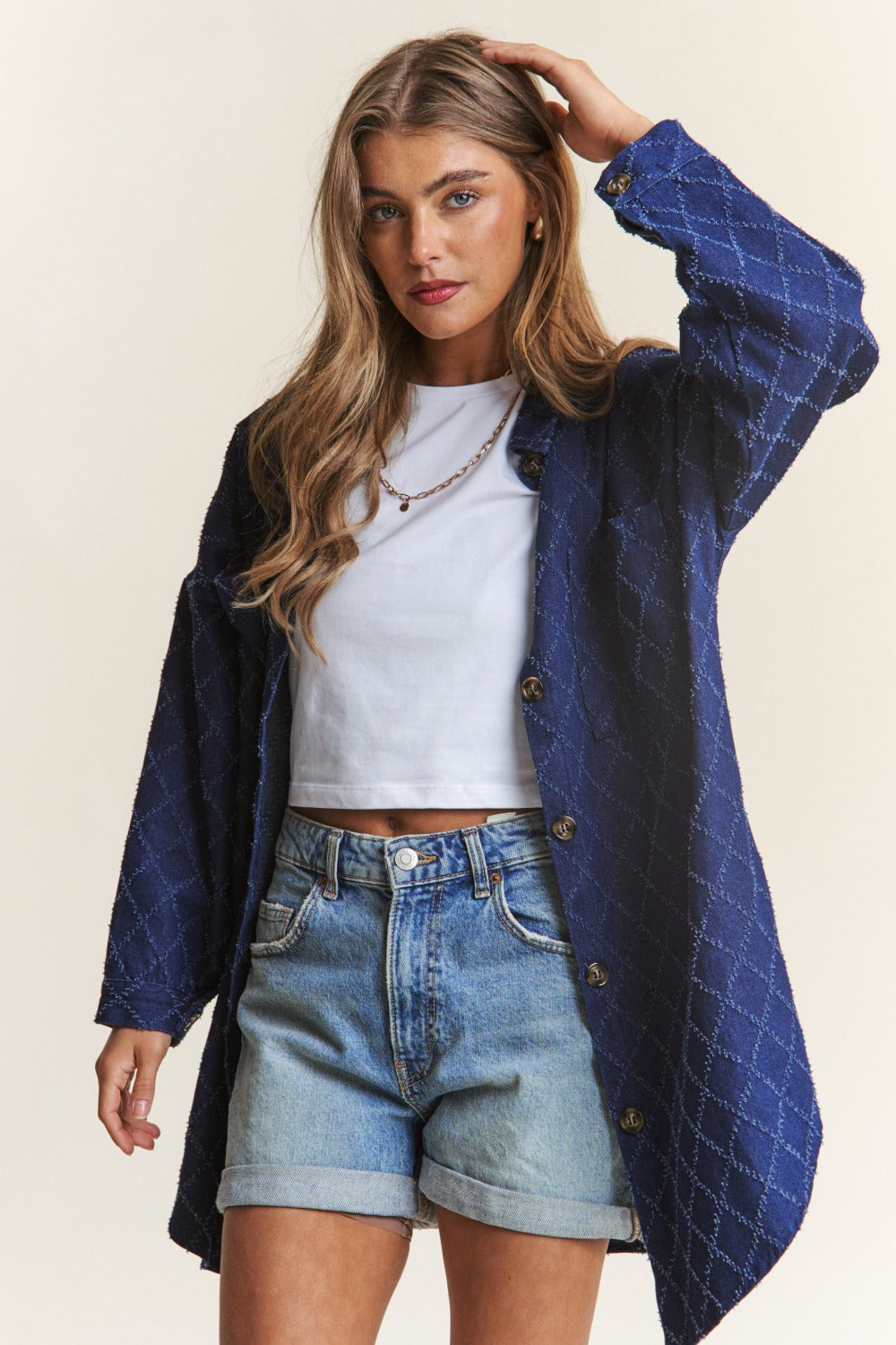 J.NNA Rhombus Stitched Button Up Denim Shacket J.NNA Rhombus Stitched Button Up Denim Shacket