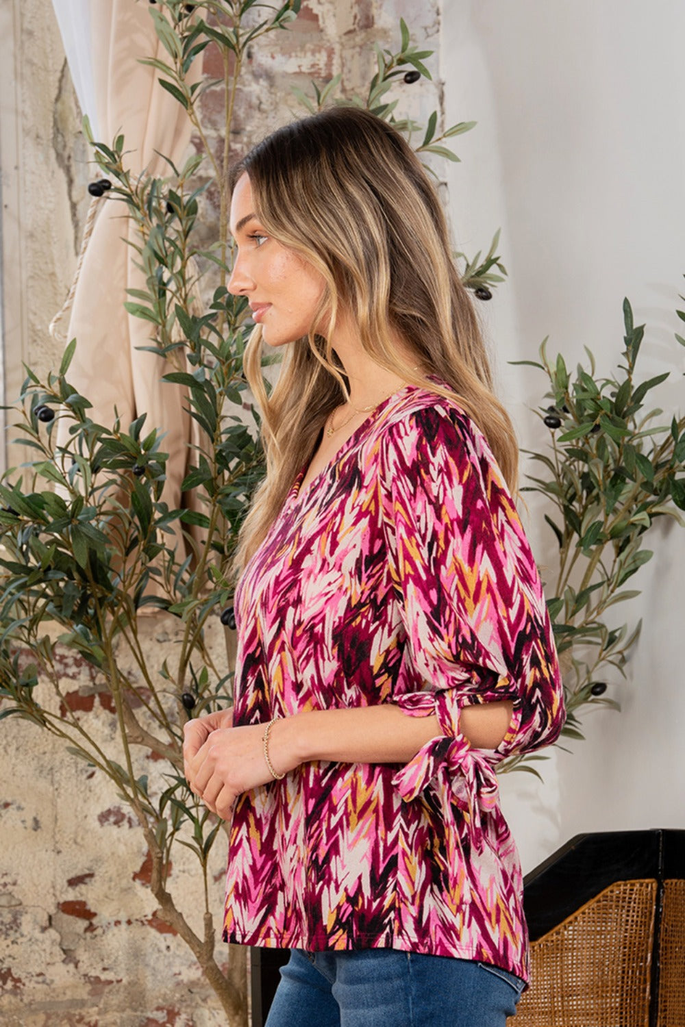 Sew In Love Full Size Printed V-Neck Blouse with Sleeve Knot Sew In Love Full Size Printed V-Neck Blouse with Sleeve Knot - TopFashionHQ