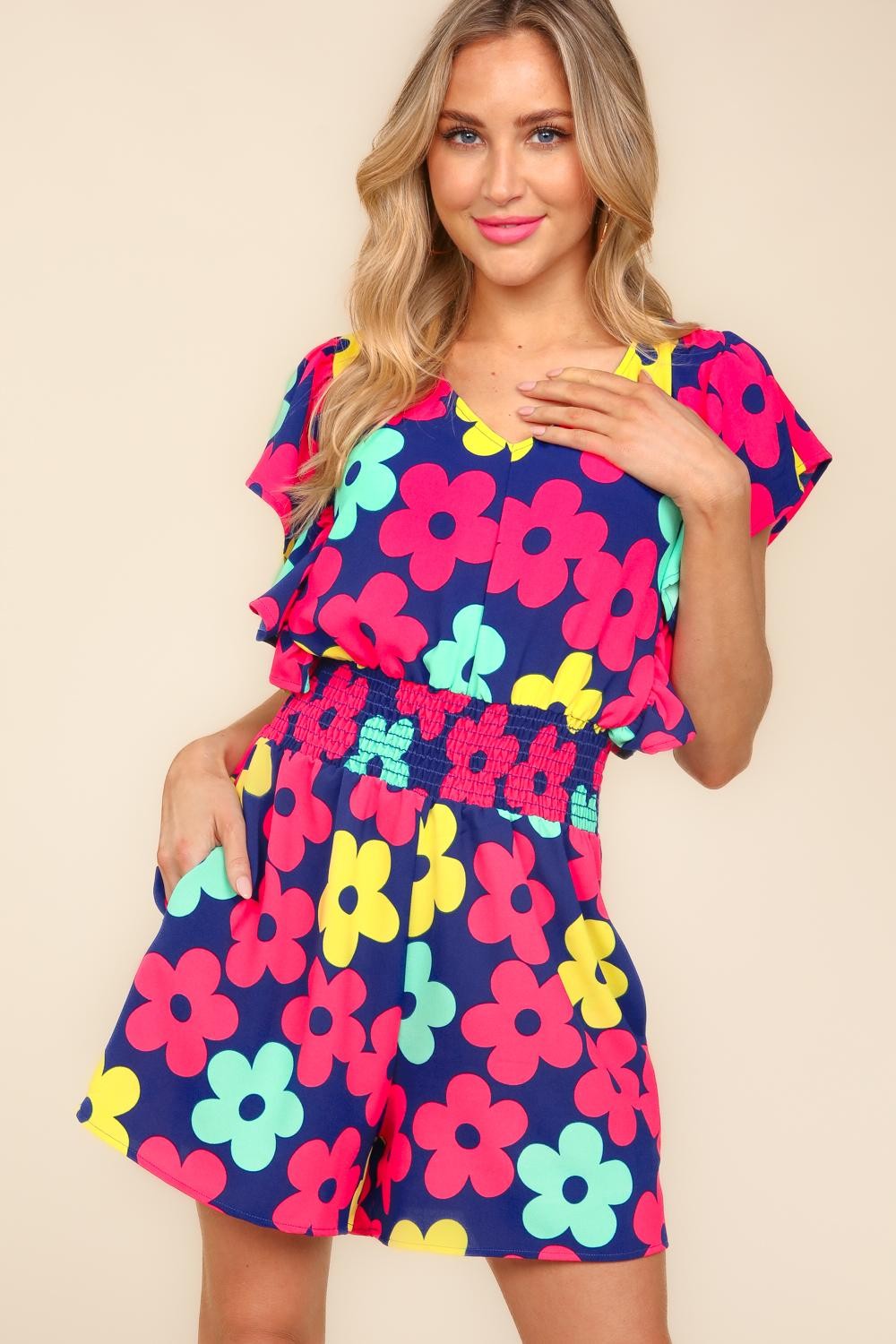 Haptics Floral Smocked Waist Romper with Side Pockets Haptics Floral Smocked Waist Romper with Side Pockets - TopFashionHQ