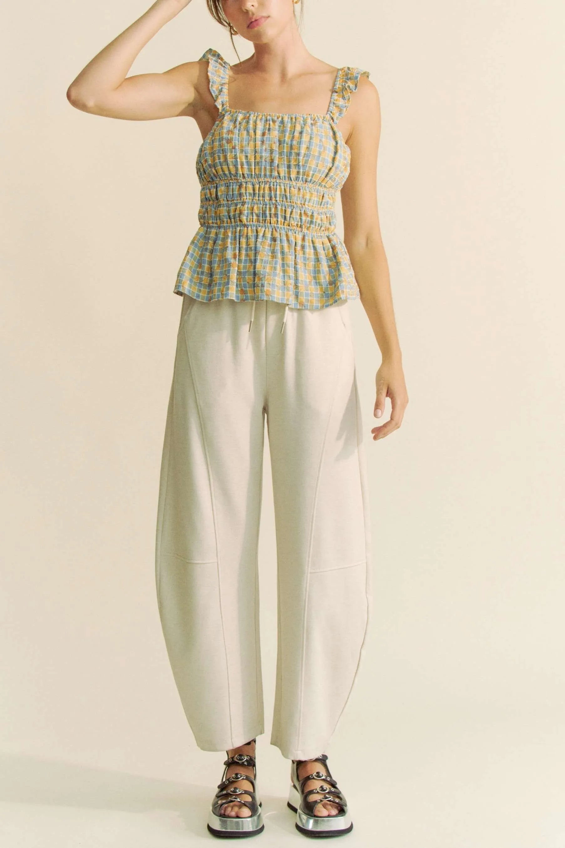 Davi & Dani Plaid Ruffled Strap Smocked Sleeveless Top 1e6bd02eb9b64b4c9a27b15b9cd189f3-Max-Origin