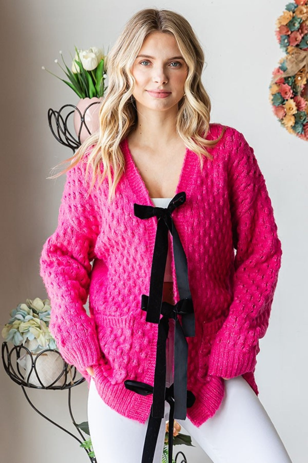 First Love Tie Closure Open Knit Cardigan First Love Tie Closure Open Knit Cardigan - TopFashionHQ
